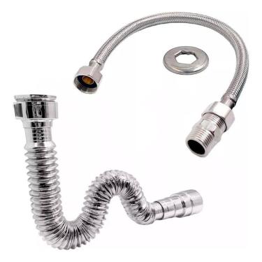 Imagem de 2X Kit Sifão + Rabicho 60Cm Metal Inox Flexível Mangueira