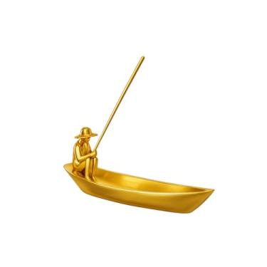 Imagem de Porta-Incenso Decorativo em Barco com Pescador, 22 cm, Design Zen, Branco (dourado silk)