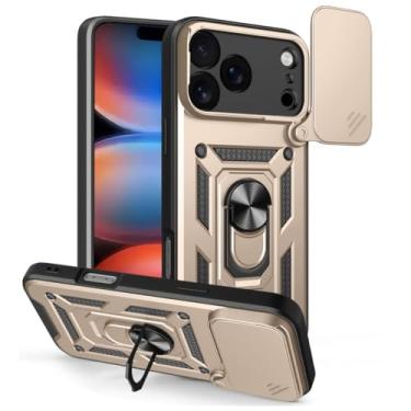Imagem de HAOMRIYL Capa magnética para iPhone 17 Pro Max/17 Pro/Air/17, capa protetora de lente de cobertura total, capa rígida com suporte ajustável giratório, ouro, 17 Pro Max