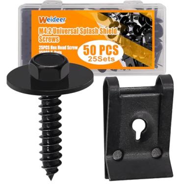 Imagem de weideer 25 conjuntos M4.2 Universal Splash Shield Body Bolts Screws, Fender Liner Engine Bumper Clips Hex Head Screw Extruded U-Nuts Kit K-187-25PCS