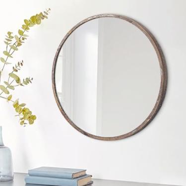 Imagem de JJUUYOU Espelho de parede circular espelho redondo com moldura de madeira espelho decorativo de banheiro para sala de estar entrada quarto, marrom