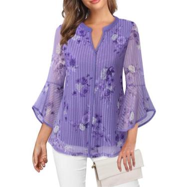 Imagem de Blusa VALOLIA, manga de sino, decote em V, tecido de malha roxa, M, fe