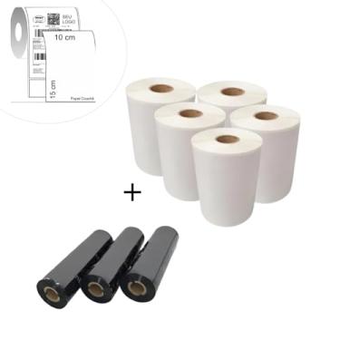 Imagem de Kit 10 Rolos Etiqueta Papel Couchê 100x150mm, 5 Ribbons Cera 110x74m, Etiquetas para E-commerce (5 Rolos de Etiq + 3 Ribbons)