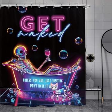 Imagem de Yookeb Cortina de chuveiro engraçada esqueleto caveira para banheiro 152 cm por 188 cm de altura Cool Neon Gothic Spooky Get Naked Halloween Horror Vintage Poliéster Tecido 12 ganchos de plástico à