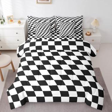 Imagem de Jogo de edredom Queen quadriculado preto e branco, moderno, abstrato, com lençol com elástico para crianças, adolescentes e adultos, 7 peças, retrô, quadriculado, xadrez, jogo de edredom