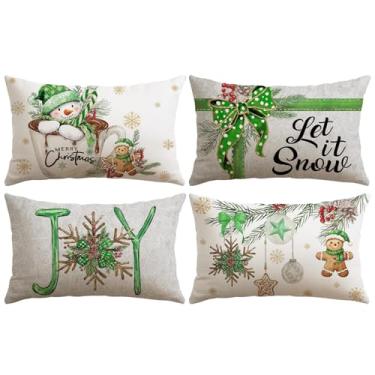 Imagem de OTOSTAR Conjunto de 4 capas de travesseiro verdes de Natal 40,6 x 61 cm de inverno para decoração de sofá sala de estar e férias (verde - boneco de neve e homem de gengibre)