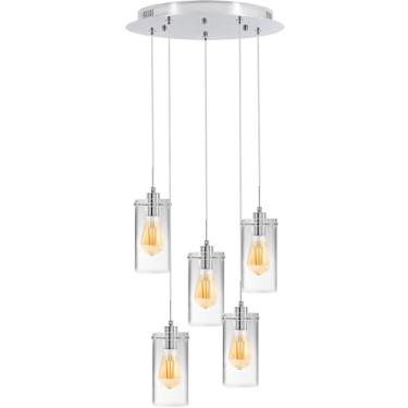 Imagem de OOOLED Luzes pendentes ilha de cozinha, 30 W (5 x 6 W) luminária pendente de 5 luzes com sombra de vidro transparente, cordão ajustável para pendurar no teto luminárias pendentes Chrom escovadas