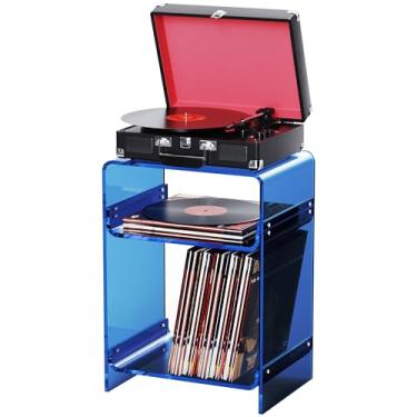 Imagem de Mesa de acrílico para toca-discos com prateleira de armazenamento, mesa lateral transparente (azul médio, 39,9 cm x 21,8 cm x 21,7 polegadas)
