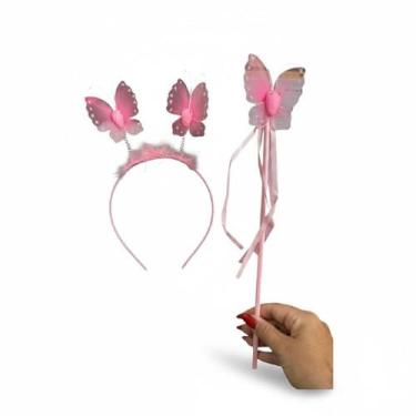 Imagem de Fantasia infantil Fadinha borboleta com Varinha Tiara Rosa - Genérica