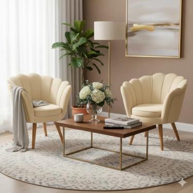 Imagem de Conjunto 2 Poltronas Pétala Flor Decorativa Pés Palito Estilo Sofisticado para Recepção