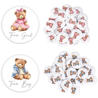 Imagem de FYSUIMU 50 peças de broches de botão de revelação de gênero rosa azul equipe menina menino crachás para chá de bebê lembrancinhas de festa suprimentos de jogo