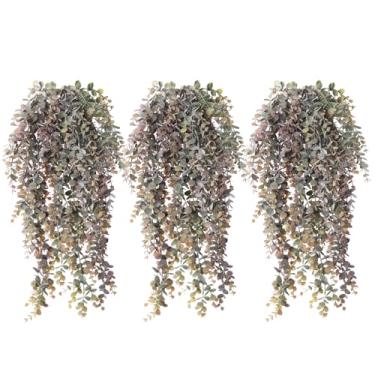 Imagem de RECUTMS Folhas de eucalipto para pendurar, plantas artificiais penduradas, 3 peças, trepadeiras artificiais de eucalipto, plantas de plástico falsas realistas para quarto, prateleira, casamento