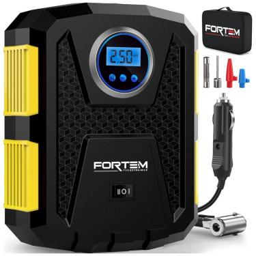 Imagem de Compressor de Ar com Fio Portátil 150 PSI Recarregável com Tela LED e Desligamento Automático, 12V, FORTEM, Amarelo