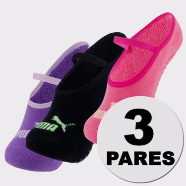Imagem de Kit Meia Puma Pilates Feminina 3 pares Roxa e Preta e Rosa, 34-39
