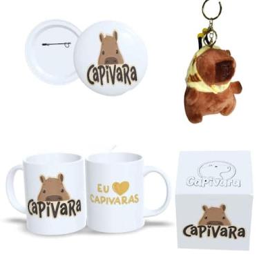 Imagem de Kit Completo Capivara  Caneca Estampada, Botton 4,4cm, Pelúcia de Capi