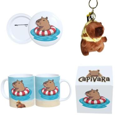 Imagem de Kit Completo Capivara  Caneca Estampada, Botton 4,4cm, Pelúcia de Capi
