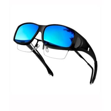 Imagem de Fit Over Óculos de sol feminino masculino polarizado envolver óculos de sol retangulares esportivos óculos de sol para dirigir ciclismo SY6172, Armação preta | Lente espelhada azul