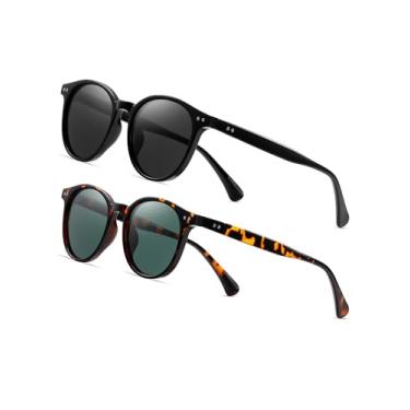 Imagem de (Pacote com 2) Óculos de sol pequenos redondos clássicos polarizados para mulheres e homens, lentes UV400 estilo vintage, Preto/cinza + carapaça de tartaruga/G15