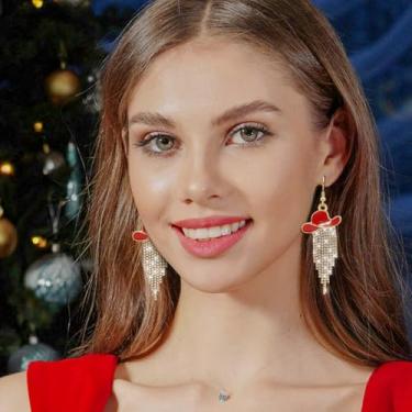 Imagem de Western Cowgirl Chapéu Esmaltado Brilhante Strass Borla Brincos Pendentes Baile Country Concertos Rodeio Cowboy Roupas Joias Presente para Mulheres, Borlas Douradas, Chapéu Vermelho