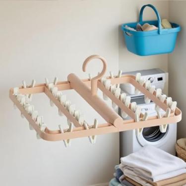 Imagem de Cabide dobrável com 24 clipes de gancho giratório à prova de vento, suporte de secagem de roupa para meias, roupas íntimas, toalhas (rosa)