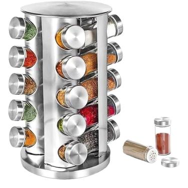 Imagem de Porta Temperos Varios Tamanhos Condimento Cozinha Inox Com Caneta Etiquetas Suporte Giratorio(20 REDONDO)