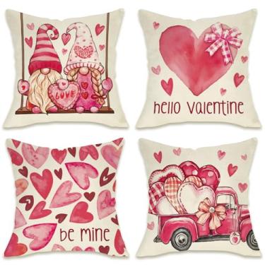 Imagem de Fahrendom Hello Valentines Day Gnomo Capas de almofada decorativas 45,7 x 45,7 cm conjunto de 4, fronha de almofada de sofá rosa coração amor caminhão varanda exterior aniversário romântico casamento