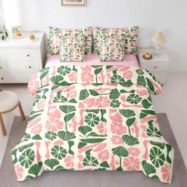 Imagem de Erosebridal Jogo de cama boêmio de meados do século, fofo, verde, rosa, floral, patchwork, lençol king, geométrico, abstrato, moderno, em uma bolsa, vintage, estética, conjunto de lençol com edredom