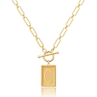 Imagem de Robaice Colar feminino banhado a ouro 14K, pingente de alfabeto personalizado com gravação inspiradora, corrente de clipe de papel, joia que não mancha, presente para ela, 18'' + 2'' extender, Metal