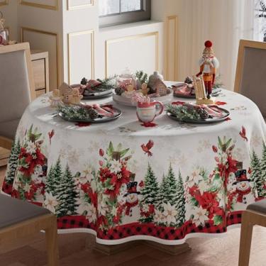 Imagem de XCHI Toalha de mesa redonda de árvore de Natal com estampa de poinsétia xadrez vermelha para decoração de Natal para jantar em casa, festa de Natal, 177 x 177 cm