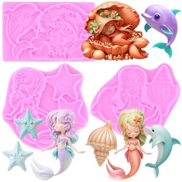 Imagem de MIYAHOUSE Molde de silicone para fondant de sereia para decoração de bolos, enfeite de cupcake, pasta de goma de chocolate, argila de polímero, conjunto de 3