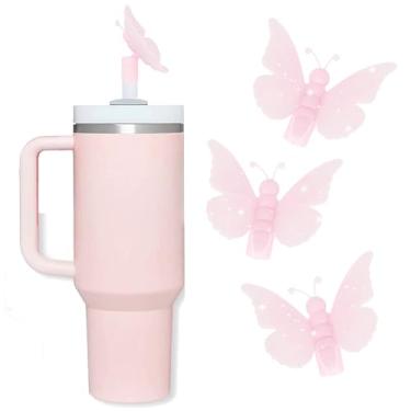 Imagem de Oddyami 3 peças de cobertura de palha de borboleta rosa para Stanley Cup, tampas de canudo de glitter de silicone para copo com alça 30/1,134 g, tampa de canudos fofos de 10 mm/0,4 pol, tampas de