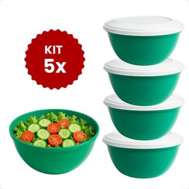 Imagem de Kit 5 Peças Saladeira Oval Potes Plástico com Tampa Branca Cozinha BPA
