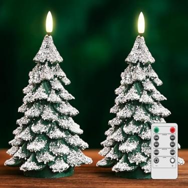 Imagem de Velsyn Velas de árvore de Natal cobertas de neve com controle remoto, 2 peças de velas de LED cerosas sem chama, velas elétricas verdes, operadas por bateria para celebração de ano novo, decorações de
