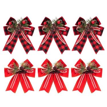 Imagem de cnomg 6 peças de arcos de Natal xadrez vermelho arcos de Natal xadrez búfalo com pinhas para guirlanda de árvore de fazenda, artesanato, decorações internas e externas