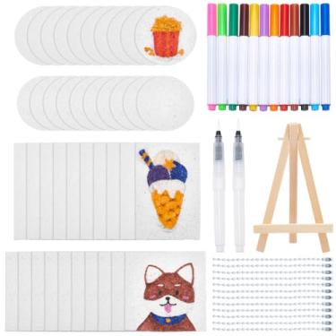 Imagem de OLYCRAFT Kit de pintura de textura de espuma mágica 3D, incluindo 50 peças de papel de esponja retangular quadrado, redondo, 1 peça de cavalete de madeira dobrável, 2 pincéis de tinta, 12 canetas de