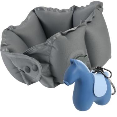 Imagem de Tearom Cavalo de viagem com travesseiro de viagem inflável oculto – Travesseiro inflável portátil para viagem, carro, avião, escritório, casa, trem – leve e lavável na máquina, Azul, Medium