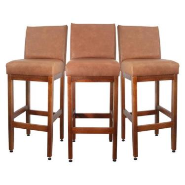 Imagem de Kit 3 Banquetas Altas com Encosto Madeira Maciça Estofado em Material 