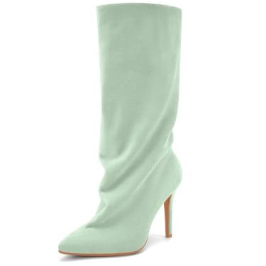 Imagem de Perisis Botas femininas despojadas cano médio pretas longas de puxar salto agulha bico fino botas de tubarão para mulheres sexy moda, Camurça-sálvia verde, 38