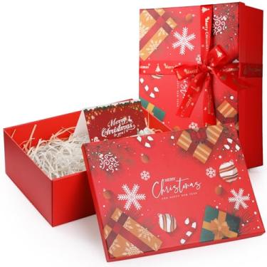 Imagem de Joogee Caixas de presente de Natal com laço e enchimento de papel desfiado, caixa de presente de Natal de papelão de 29 x 20 x 10 cm com tampa, cartão em branco para decoração de festa de Natal