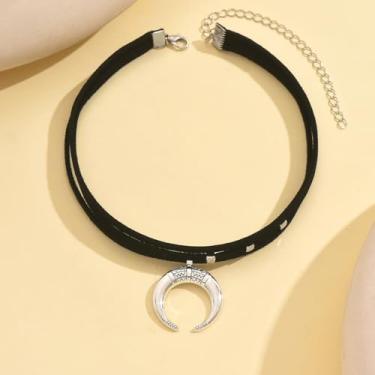 Imagem de Colar vintage com pingente de lua crescente, colar gargantilha de fita de veludo preto, boêmio, envelhecido, prata, design popular, corrente de clavícula