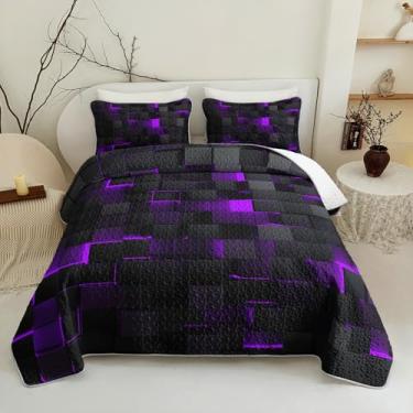 Imagem de Jogo de cama solteiro geométrico roxo e preto, 3 peças, de microfibra de colmeia neon, colcha de edredom leve e brilhante vibrante (168 x 201 cm) com 2 fronhas (50,8 cm x 76,2 cm)