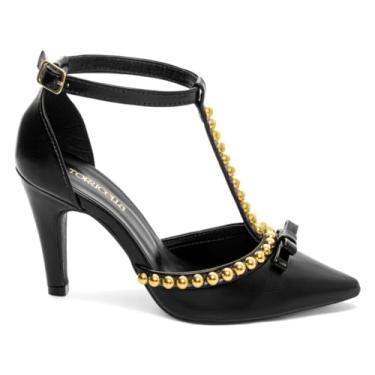 Imagem de Sapato Scarpin Salto 9cm Preto Fivela de Ajuste na cor Dourado e Apliques de Pérola em ABS na cor Dourado, Torricell@ REF.: 66080A (BR, Adulto, Numérico, 34)