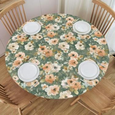 Imagem de KiuLoam Toalha de mesa redonda com estampa floral em aquarela verde e pêssego com borda elástica toalha de mesa lavável para decoração de cozinha e exterior, serve para 101,6 a 111,7 cm, pequena