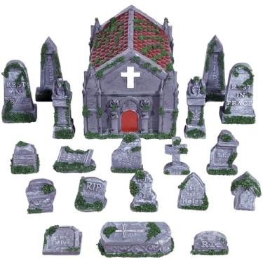 Imagem de Rileryan 20 peças de estatuetas de gárgula em miniatura de igreja, cemitério, cemitério, cemitério, decoração, acessórios, cemitério, terreno, cenário assombrado (verde)