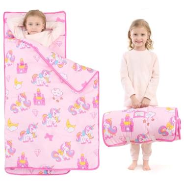 Imagem de UOMNY Tapete de cochilo infantil para meninas, unicórnios, com travesseiro removível, saco de dormir infantil para creche pré-escolar 133 x 53 centímetros