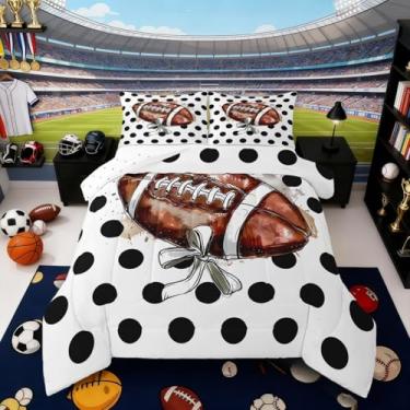 Imagem de Erosebridal Jogo de cama solteiro de rúgbi, futebol americano, para crianças, meninas, adultos, quarto de rúgbi, esportes, bola, preto com bolinhas