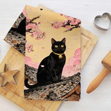 Imagem de Toalhas de cozinha japonesas de desenho animado de gato e cena da natureza, toalha de prato decorativa de microfibra absorvente estilo japonês, toalhas de chá de waffle para cozinha, casa, banheiro