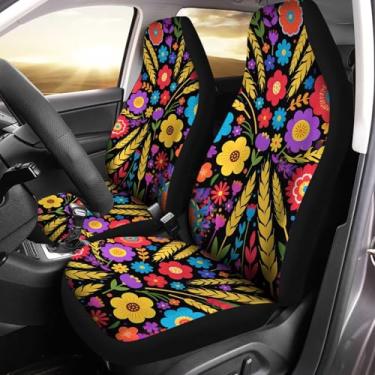Imagem de Jodoolang Capas de assento de carro florais boho hippie coloridas, 2 peças, capa protetora de assento frontal elástica respirável universal para veículos, SUV, caminhões sedan, para mulheres e homens