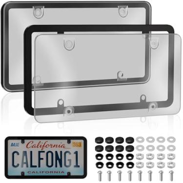 Imagem de CPProDilig Pacote com 2 capas e molduras para placas, à prova de ferrugem com 4 furos, suporte de placa de carro dianteiro/traseiro de plástico com parafusos para mulheres e homens (capa de placa 1)