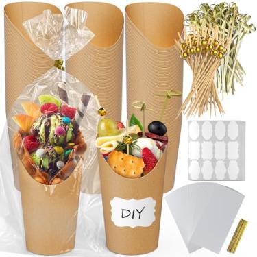 Imagem de Conjunto de 600 copos de charcutaria com palitos, 100 peças de suporte de batatas fritas descartáveis individuais de 340 g, kit de copos de aperitivo de papel com 100 sacos, 100 laços, 100 etiquetas